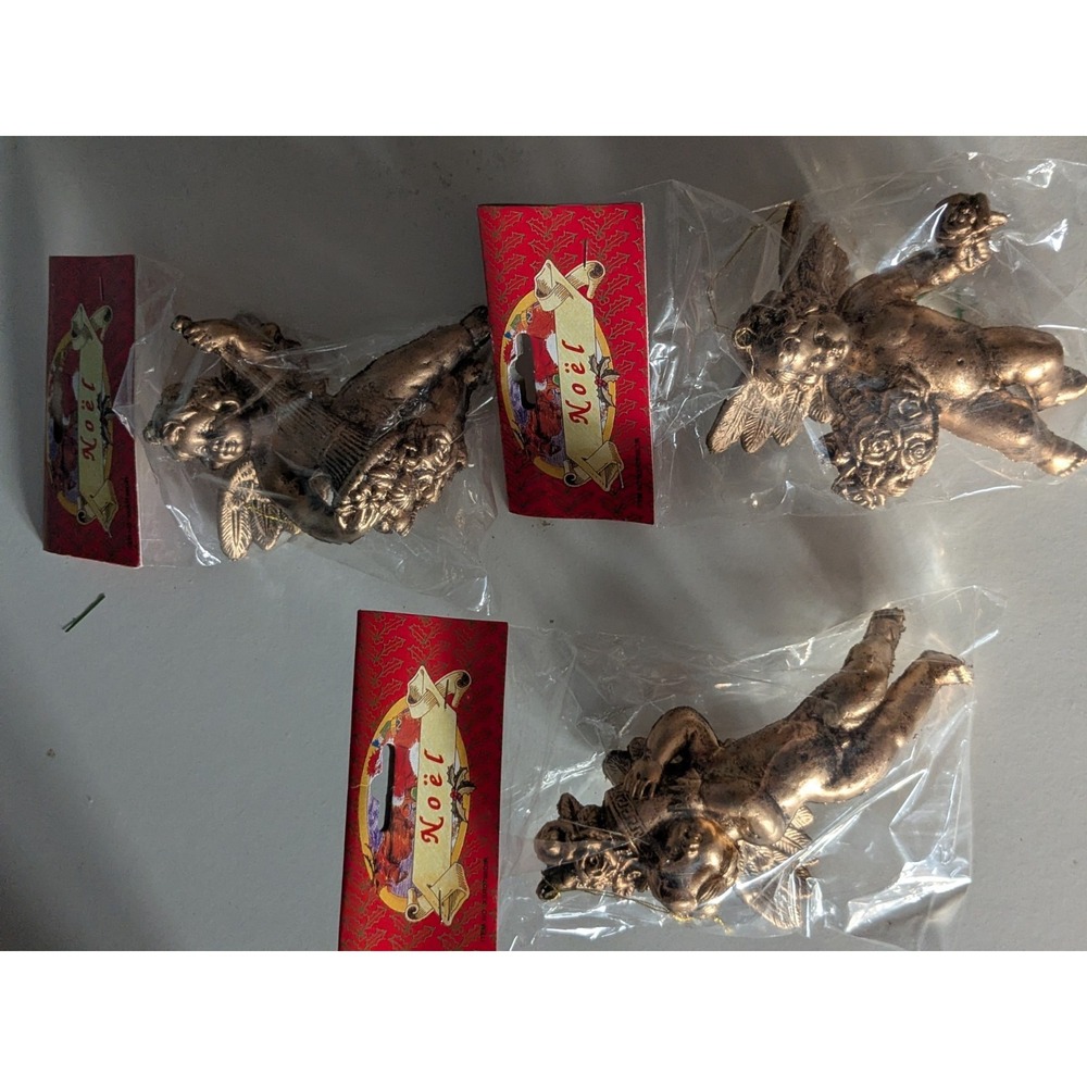 Vintage Cherub Angel Christmas Ornaments Lot of 3 Victorian Style Gold Tone NOS